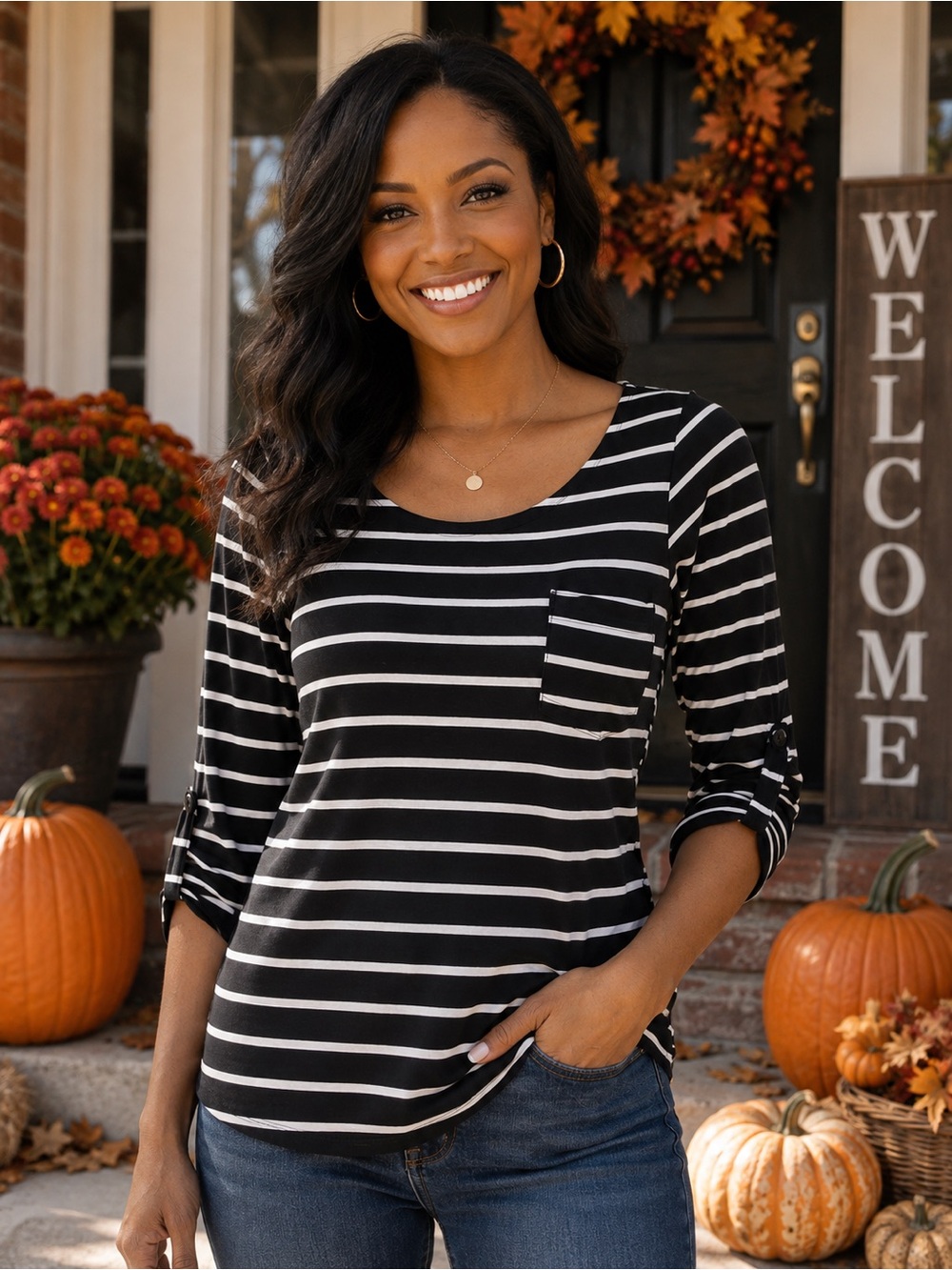 Black White Stripped Top - Medium
